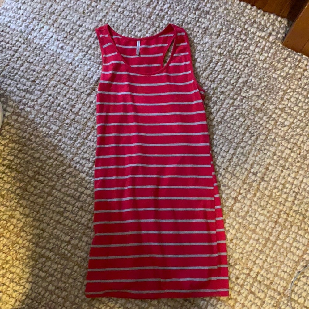 Red and gray striped dress